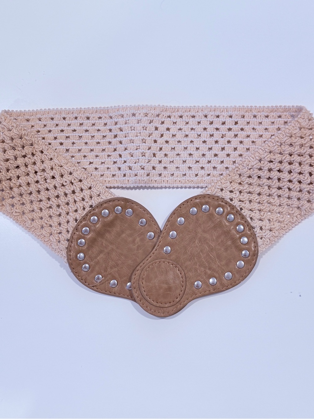 Boho Beige Crochet Stretch Belt with Studded Faux Leather Closure